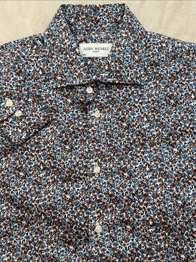 John Henric Sweden Men Dress Shirt 15.5 40 M Blue Brown Floral Cotton LS Luxury